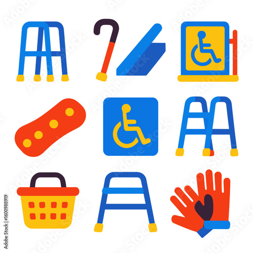 Mobility Support Icons. Flat vector icons of mobility support: walker frame, cane with rubber tip, mobility ramp, wheelchair lift,