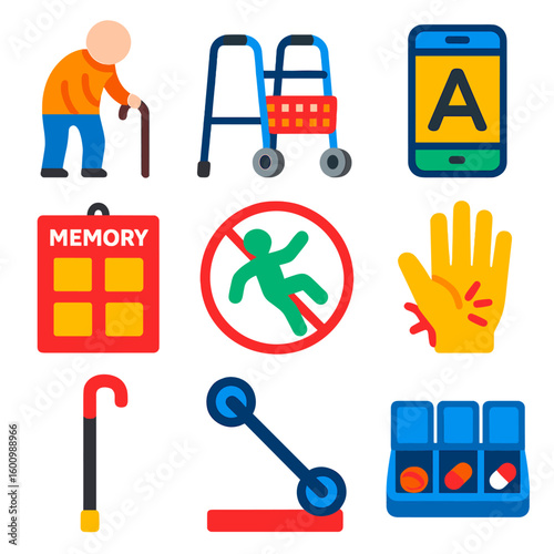 Aging Accessibility Icons. Flat vector icons of aging and accessibility: elderly person with cane, walker with basket, large font