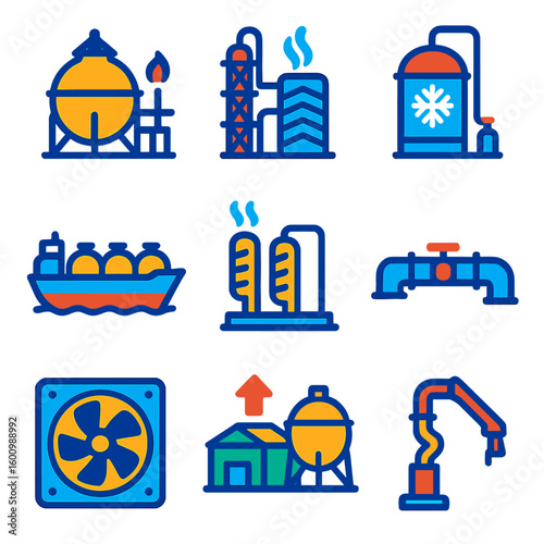 Modern LNG Icons. Flat vector icons of LNG and gas processing: LNG terminal, gas liquefaction plant, cryogenic tank, gas tanker