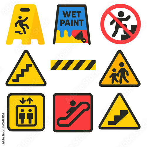 Bold Warning Icons. Flat vector icons of warning signs in public areas: slippery floor cone, wet paint sign, no climbing icon,