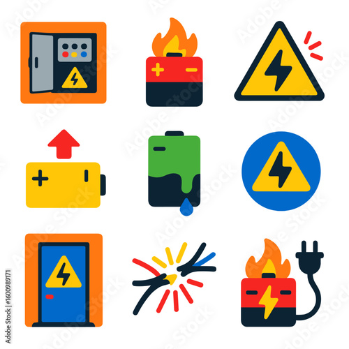 Electrical Safety Icons. Flat vector icons of electrical panel and battery hazards: open panel sign, battery overheating icon,