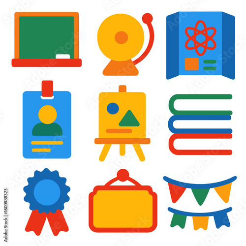 School Event Icons. Flat vector icons of school event objects: chalkboard, class bell, science project board, school ID card, art
