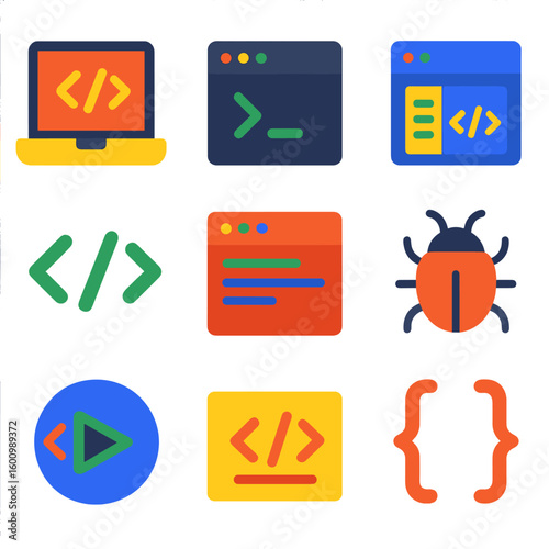 Modern Programming Icons. Flat vector icons of programming tools: laptop with code, terminal window, text editor icon, code