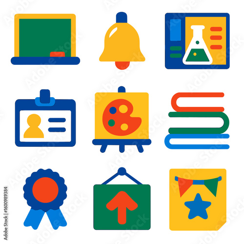 School Event Icons. Flat vector icons of school event objects: chalkboard, class bell, science project board, school ID card, art