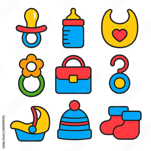 Colorful Baby Accessories. Flat vector icons of baby and toddler accessories: pacifier, baby bottle, bib, teething ring, diaper