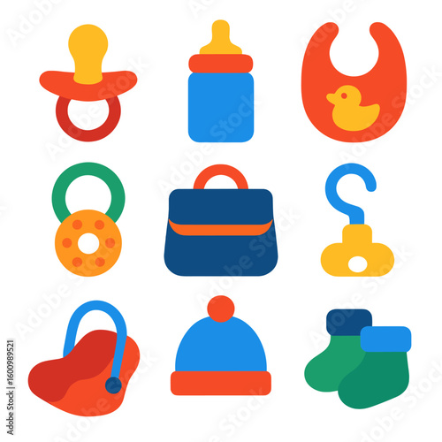 Colorful Baby Accessories. Flat vector icons of baby and toddler accessories: pacifier, baby bottle, bib, teething ring, diaper