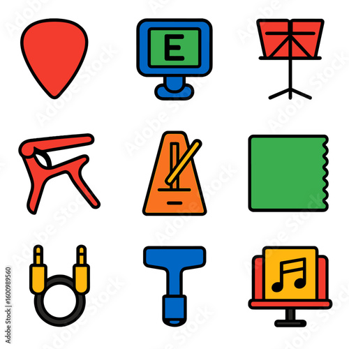 Musical Accessory Icons. Flat vector icons of musical instrument accessories: guitar pick, instrument tuner, music stand, capo,