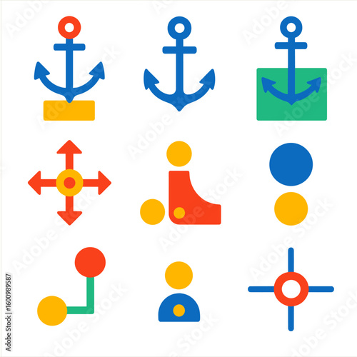 Colorful Anchor Icons. Flat vector icons of anchor and reference points: anchor top left, anchor center, anchor bottom right,