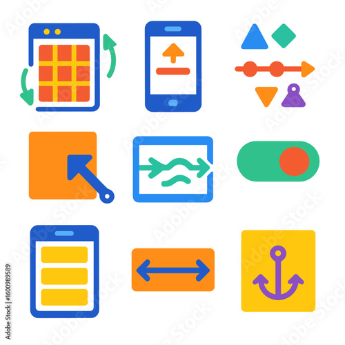 Colorful Modern Layout Icons. Flat vector icons of responsive and adaptive layout: flexible grid icon, mobile alignment,