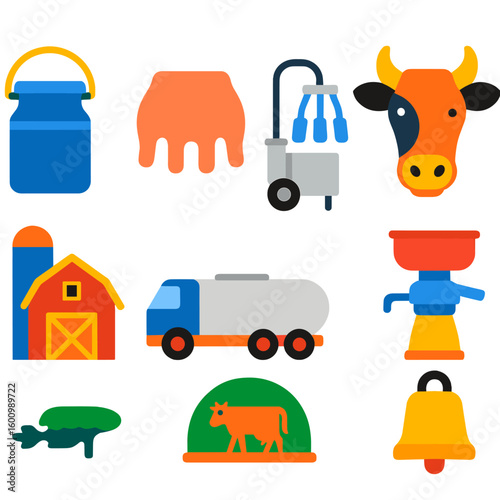 Dairy Farm Icons. Flat vector icons of dairy farm elements: milk pail, cow udder icon, milking machine, dairy cow head, barn with