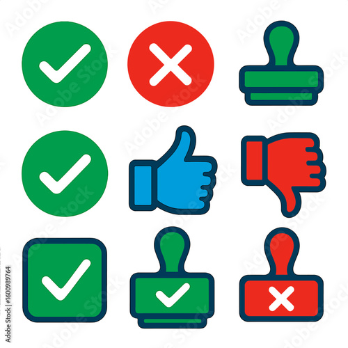 Vote Approval Icons. Flat vector icons of vote approval and rejection symbols: green checkmark icon, red cross symbol, approved