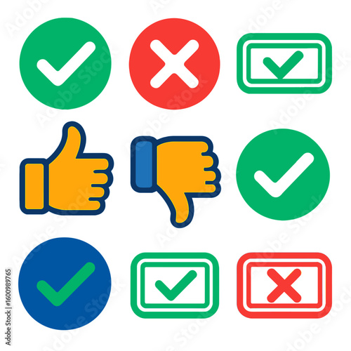 Vote Approval Icons. Flat vector icons of vote approval and rejection symbols: green checkmark icon, red cross symbol, approved