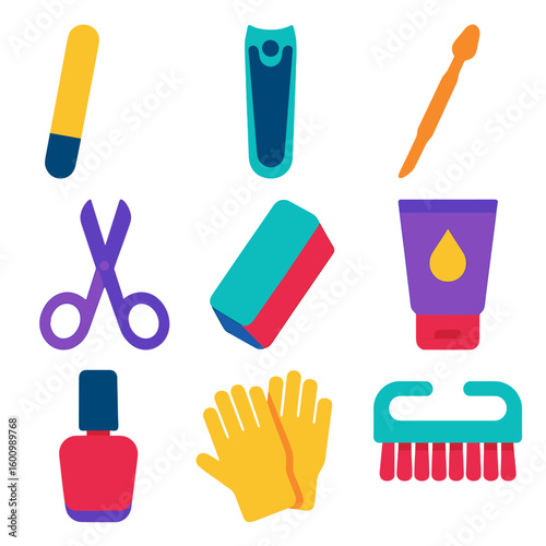 Hand and Nail Tools. Flat vector icons of hand and nail care tools: nail file, nail clipper, cuticle pusher, manicure scissors,
