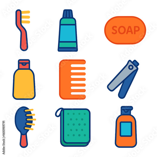 Vibrant Hygiene Icons. Flat vector icons of basic personal hygiene tools: toothbrush, toothpaste tube, bar soap, shampoo bottle,