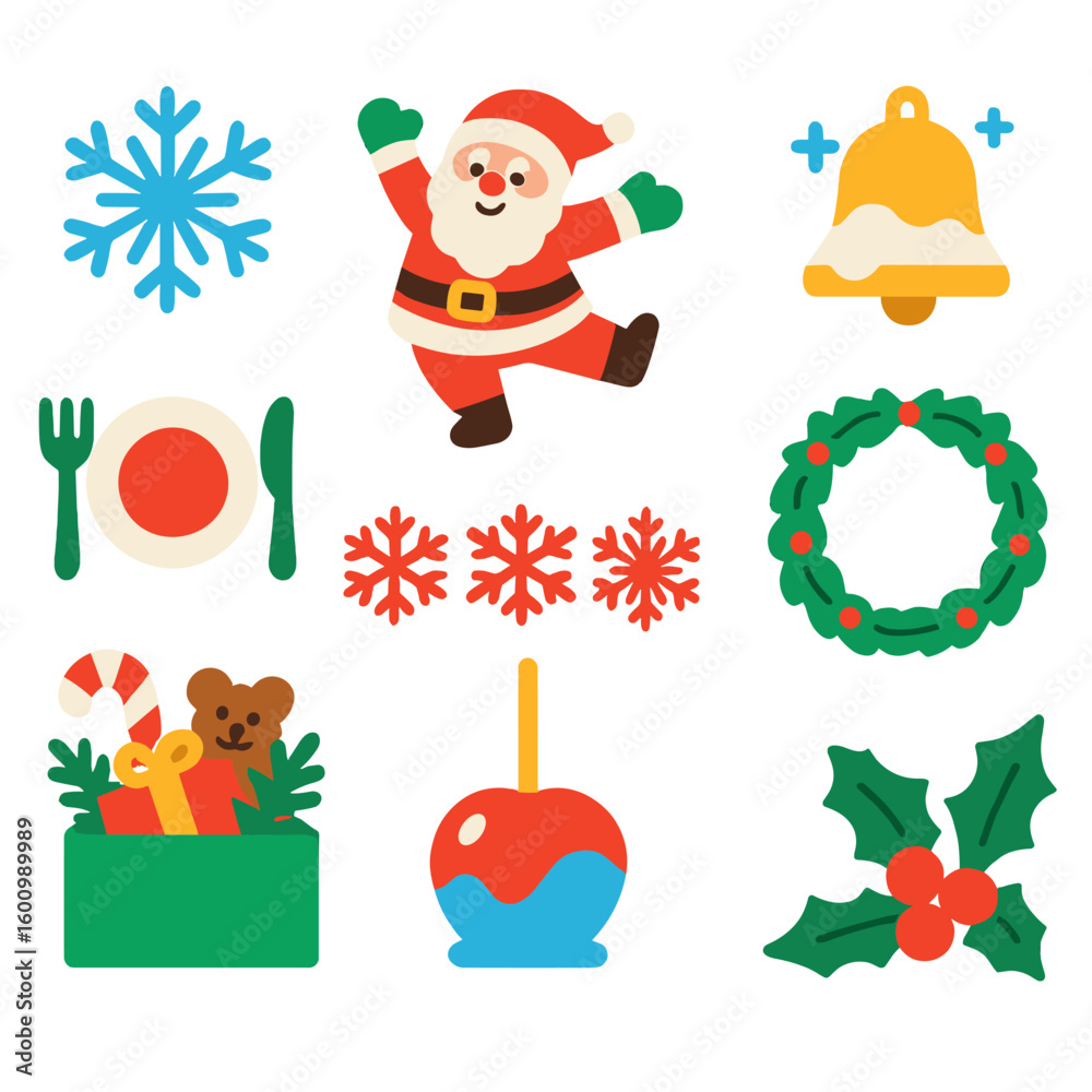 Fototapeta premium Festive Christmas Icons. Flat vector icons of Christmas holiday: snowflake cluster icon, joyful Santa dance pose, festive table