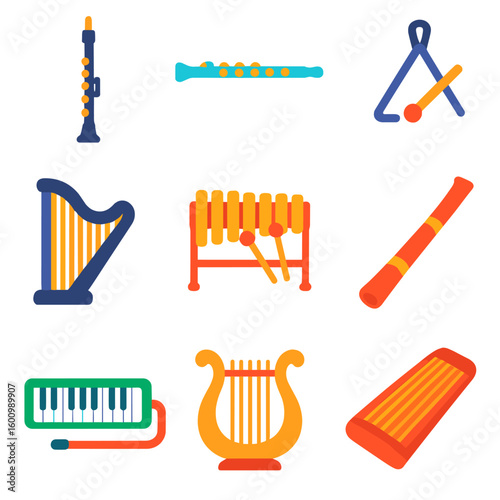Vibrant Instrument Icons. Flat vector icons of musical instruments: oboe, piccolo, vibraphone, triangle with beater, harp,