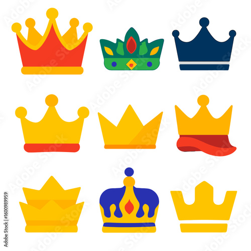 Vibrant Crown Icons. Flat vector icons of crowns: oversized fantasy crown, floral leaf crown with gems, silhouette crown with wide