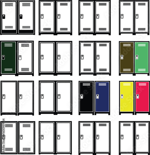 Vector illustration of school lockers for gym or changing room storage metal lockers in black and white