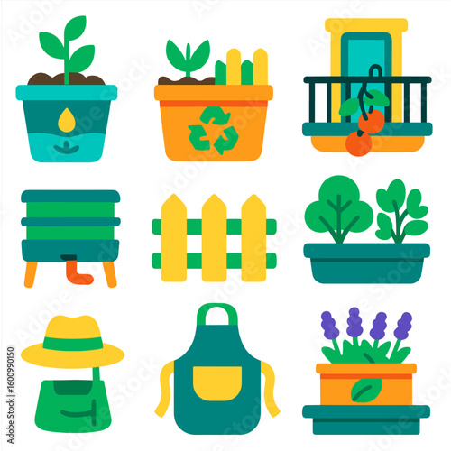 Modern Gardening Icons. Flat vector icons of urban gardening and balcony farming: self-watering pot system, recycled plastic