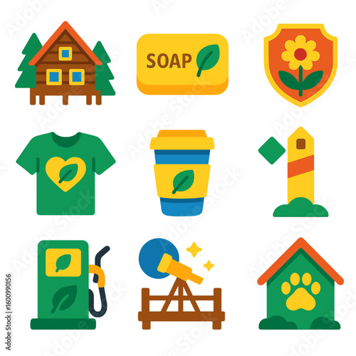 Eco Tourism Icons. Flat vector icons of sustainable travel and eco tourism: remote eco lodge, biodegradable soap bar, refill cup
