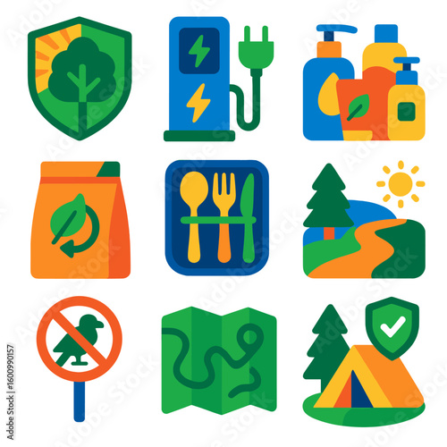Sustainable Travel Icons. Flat vector icons of sustainable travel and eco tourism: nature conservation badge, electric car charger