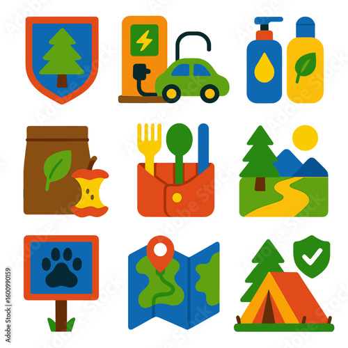 Sustainable Travel Icons. Flat vector icons of sustainable travel and eco tourism: nature conservation badge, electric car charger