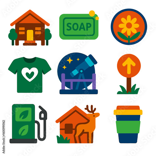 Eco Tourism Icons. Flat vector icons of sustainable travel and eco tourism: remote eco lodge, biodegradable soap bar, refill cup