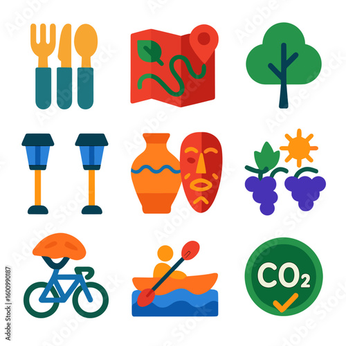 Sustainable Travel Icons. Flat vector icons of sustainable travel and eco tourism: bamboo dish set, paper-free trail map, native