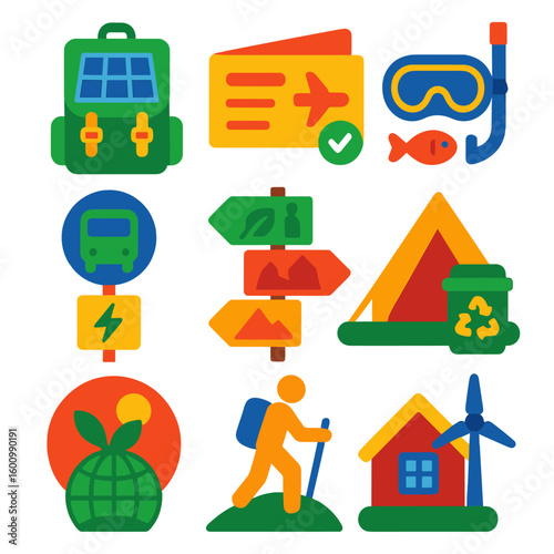 Eco Tourism Icons. Flat vector icons of sustainable travel and eco tourism: solar-powered backpack, paper-free boarding pass,