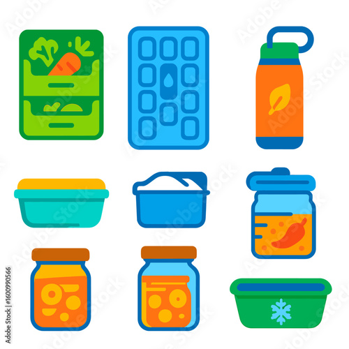 Modern Food Storage Icons. Flat vector icons of food preservation and storage containers: stackable veggie drawer, cold gel pack