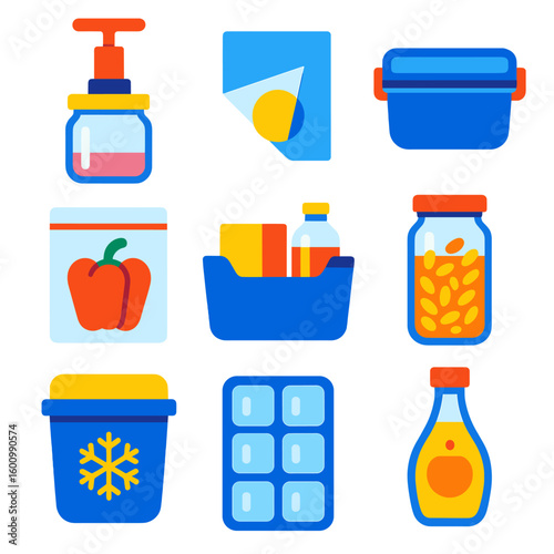 Modern Food Storage Icons. Flat vector icons of food preservation and storage containers: vacuum pump with jar, oil-free food wrap