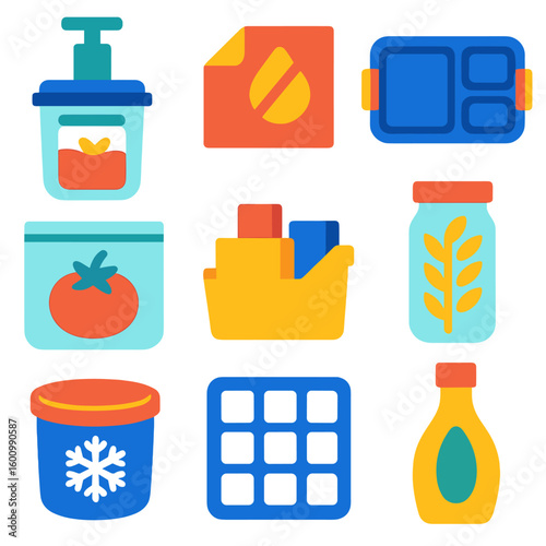 Modern Food Storage Icons. Flat vector icons of food preservation and storage containers: vacuum pump with jar, oil-free food wrap