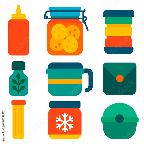 Vibrant Food Storage Icons. Flat vector icons of food preservation and storage containers: condiment squeeze bottle, clip-seal