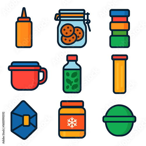 Vibrant Food Storage Icons. Flat vector icons of food preservation and storage containers: condiment squeeze bottle, clip-seal