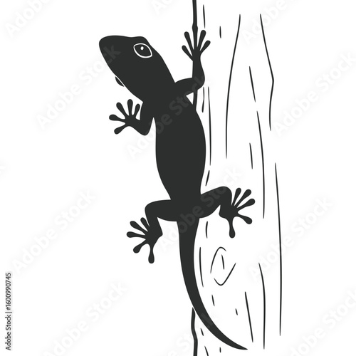 Silhouette of a gecko clinging to a textured tree trunk