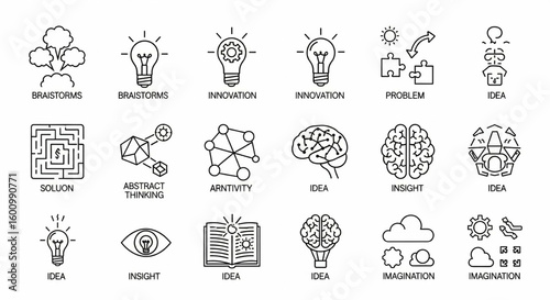 Idea and Creativity Line Icon Set – Vector Brainstorming, Innovation, Problem-Solving, Insight, Abstract Thinking, Imagination Symbols