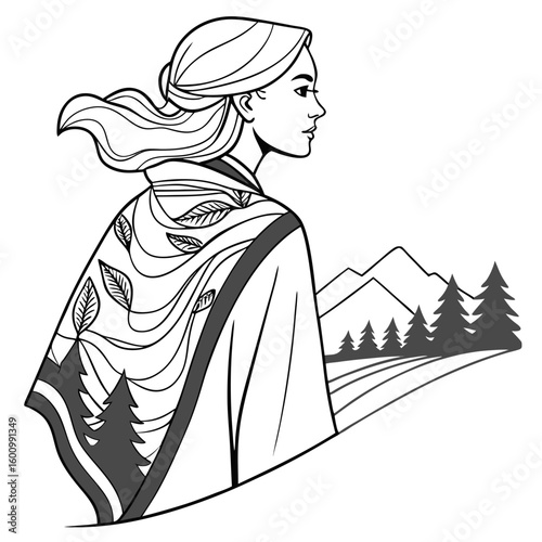 A woman looking towards the beautiful scenery, wearing a patterned shawl and hair blowing in the wind