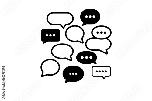 Collection of speech bubbles in black and white with ellipsis inside them