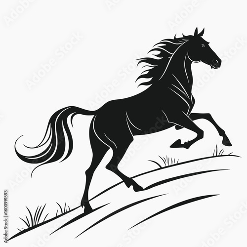 Majestic Silhouette of a Galloping Horse on a Grassy Hillside