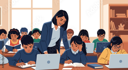 Adobe illustrator vector flat style illustration of an elementary school classroom with a teacher instructing students using laptops and books, ideal for modern education concepts