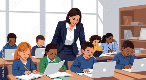 Adobe illustrator vector flat style illustration of an elementary school classroom with a teacher instructing students using laptops and books, ideal for modern education concepts