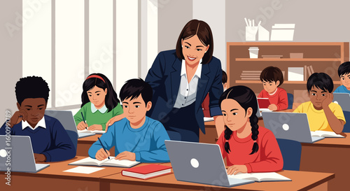 Adobe illustrator vector flat style illustration of an elementary school classroom with a teacher instructing students using laptops and books, ideal for modern education concepts