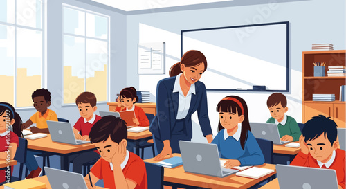 Adobe illustrator vector flat style illustration of an elementary school classroom with a teacher instructing students using laptops and books, ideal for modern education concepts