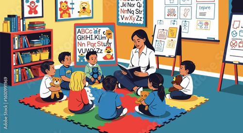 Adobe illustrator vector flat style illustration of a lively kindergarten classroom scene with a teacher reading to happy children, perfect for early education and learning concepts