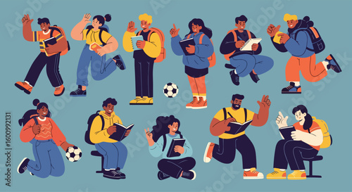 Adobe illustrator vector flat style illustration of a diverse set of college students, perfect for depicting higher education, learning, and campus life concepts