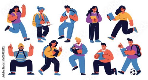 Adobe illustrator vector flat style illustration of a diverse set of college students, perfect for depicting higher education, learning, and campus life concepts