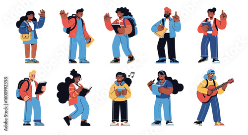 Adobe illustrator vector flat style illustration of a diverse set of college students, perfect for depicting higher education, learning, and campus life concepts