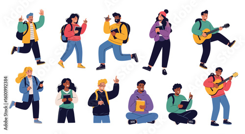 Adobe illustrator vector flat style illustration of a diverse set of college students, perfect for depicting higher education, learning, and campus life concepts