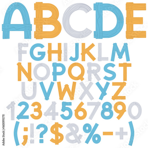 Font, alphabet, letters, numbers and signs from wooden boards in sea colors. Isolated vector objects on white background.