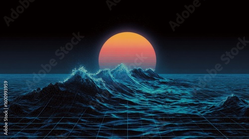 Experience the vibrant retro sunset over ocean waves in a stunning neon art style
